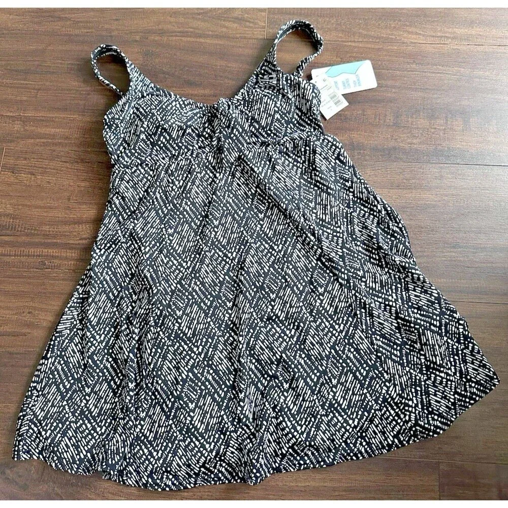 Swim Solutions Women's V-neck Abstract Bow Front  Swim dress Black & White 8 - Picture 4 of 11